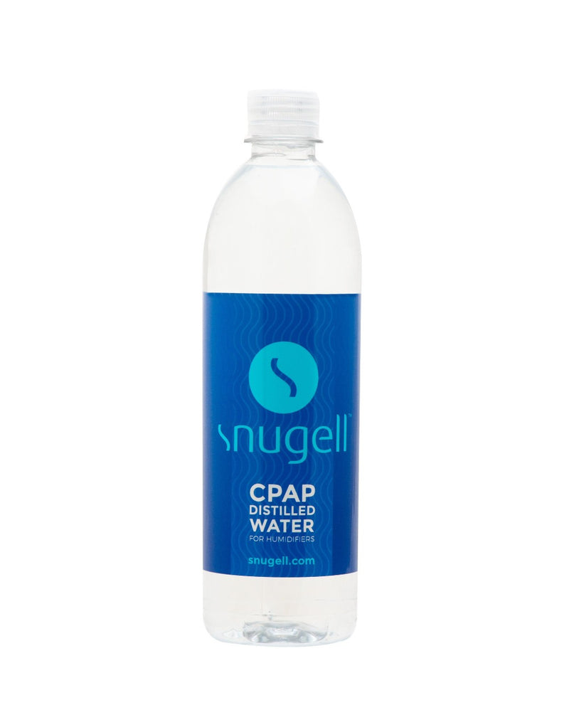 Front view of an individual 20oz CPAP distilled water bottle for humidifiers by Snugell